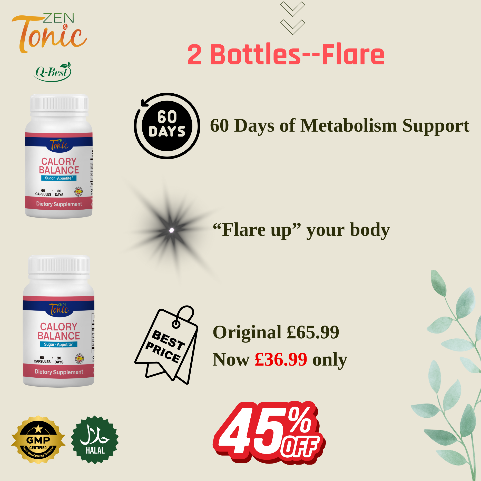 Zen&Tonic Calory Balance 30-day Support Energy Metabolism Antioxidant Vitality Made in Spain All-Natural Ingredients 60 Capsules Healthy Edible Healthcare Supplement for Fitness Wellness