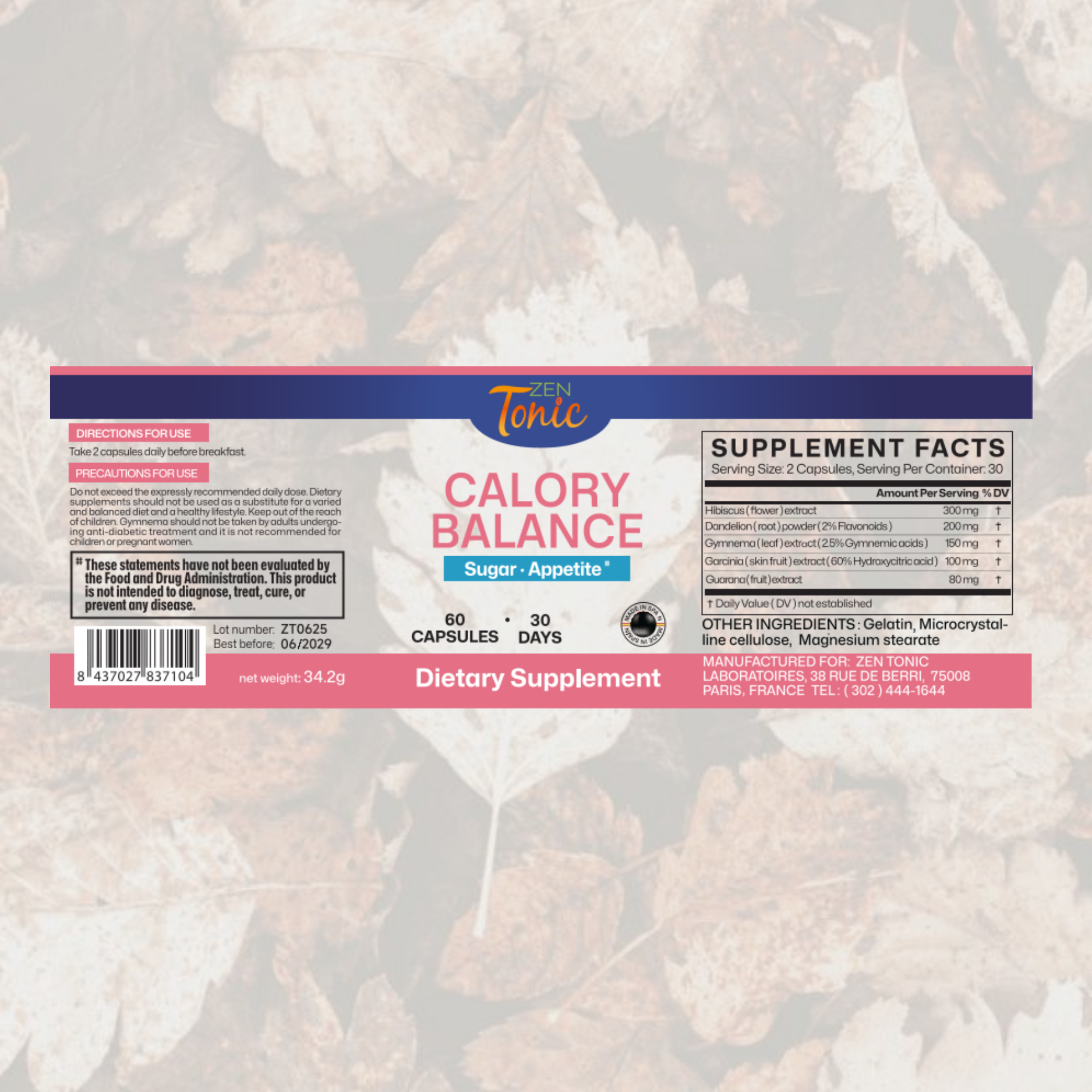 Zen&Tonic Calory Balance 30-day Support Energy Metabolism Antioxidant Vitality Made in Spain All-Natural Ingredients 60 Capsules Healthy Edible Healthcare Supplement for Fitness Wellness