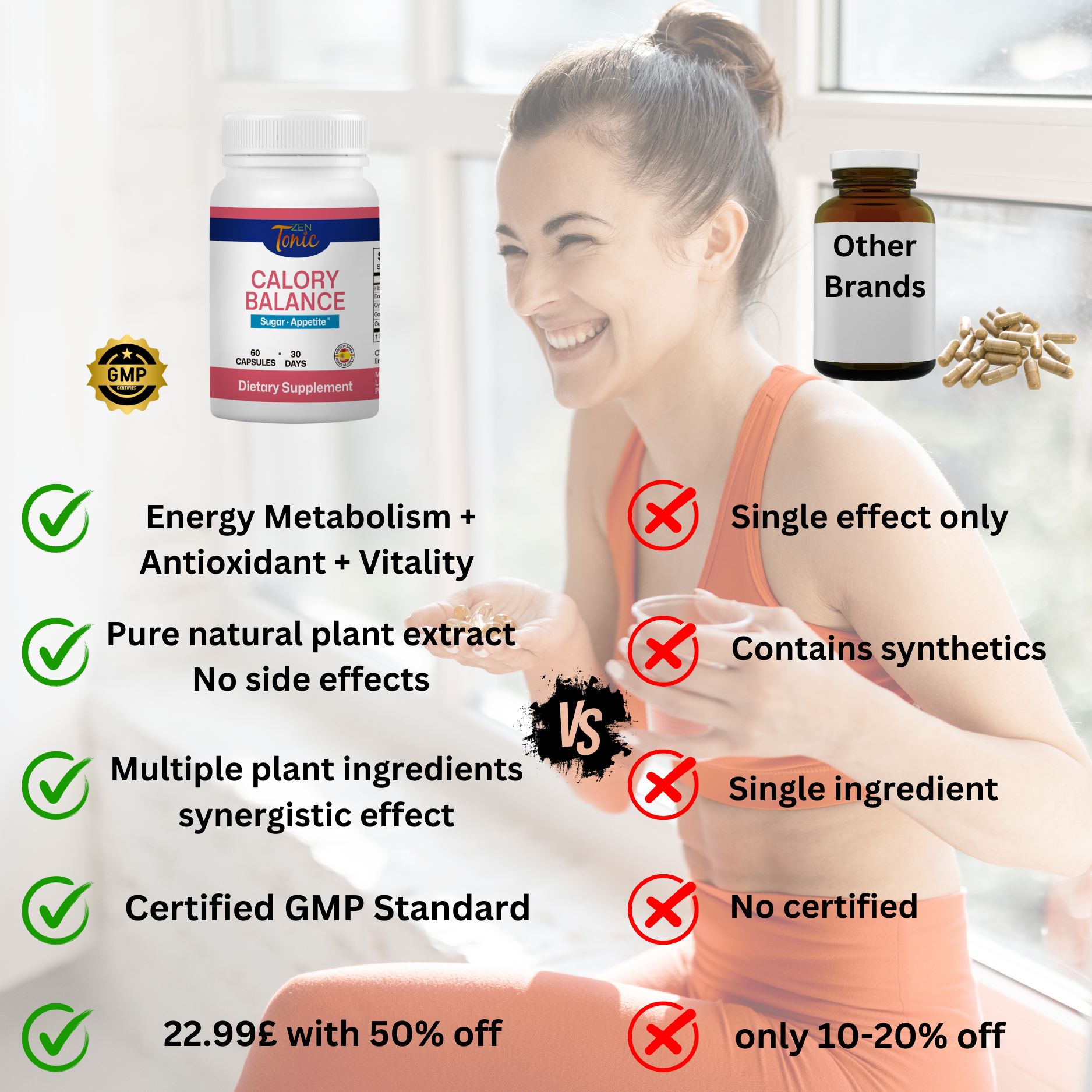 Zen&Tonic Calory Balance 30-day Support Energy Metabolism Antioxidant Vitality Made in Spain All-Natural Ingredients 60 Capsules Healthy Edible Healthcare Supplement for Fitness Wellness