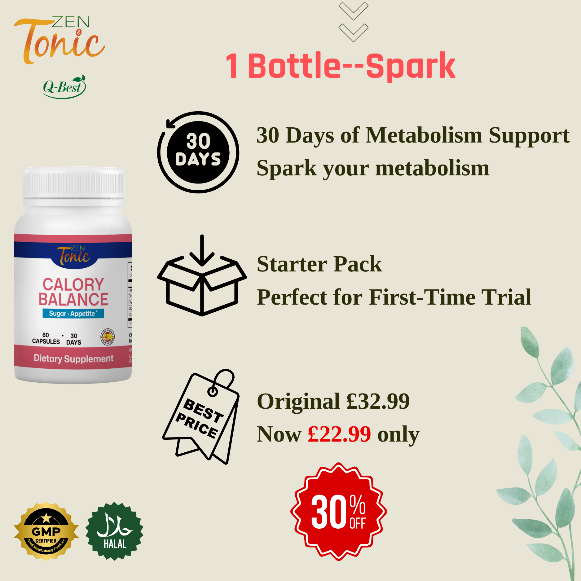 Zen&Tonic Calory Balance 30-day Support Energy Metabolism Antioxidant Vitality Made in Spain All-Natural Ingredients 60 Capsules Healthy Edible Healthcare Supplement for Fitness Wellness