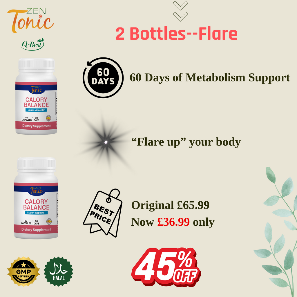 Zen&Tonic Calory Balance 30-day Support Energy Metabolism Antioxidant Vitality Made in Spain All-Natural Ingredients 60 Capsules Healthy Edible Healthcare Supplement for Fitness Wellness