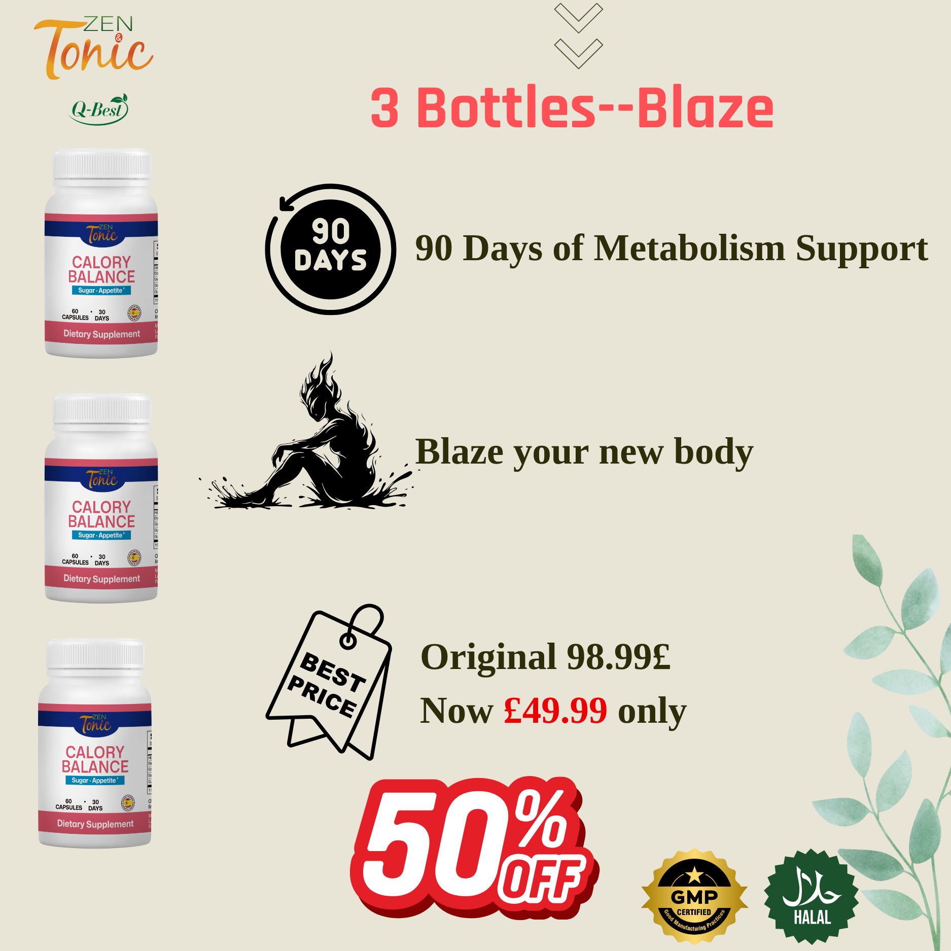 Zen&Tonic Calory Balance 30-day Support Energy Metabolism Antioxidant Vitality Made in Spain All-Natural Ingredients 60 Capsules Healthy Edible Healthcare Supplement for Fitness Wellness